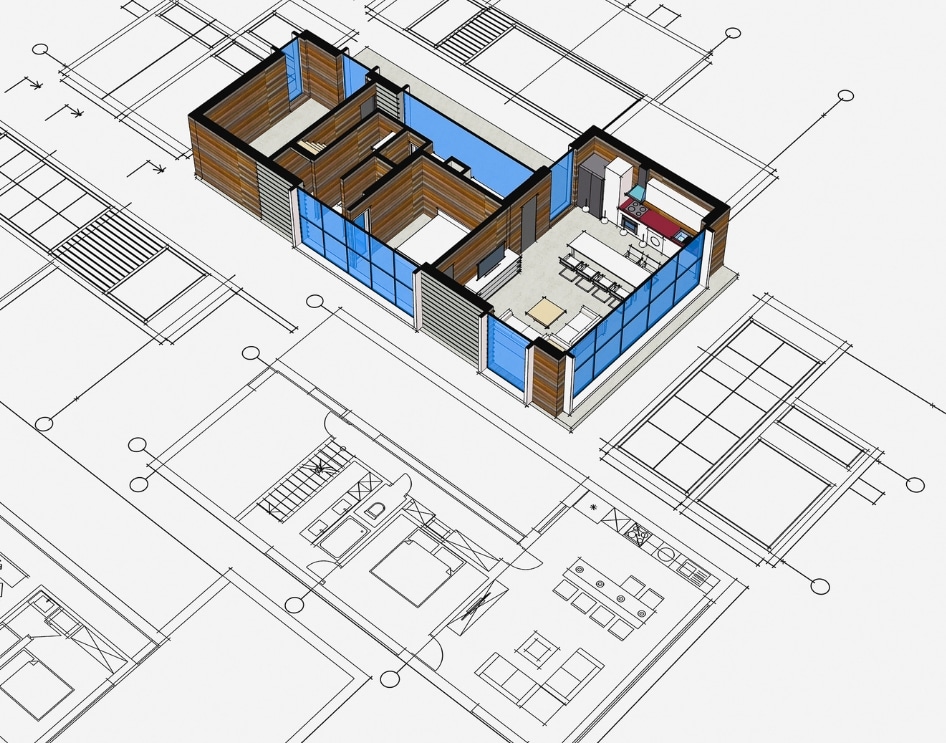 Detailed floor plan and 3D model of an ADU emphasizing the integration of living, dining, and kitchen areas
