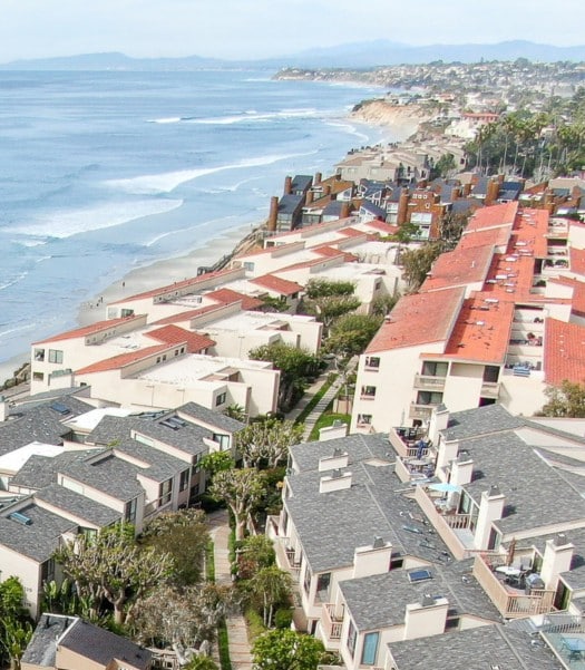 Aerial view of Solana Beach, featuring coastal homes and stunning ocean views, perfect for showcasing the advantages of a garage remodel in this desirable beachfront community.