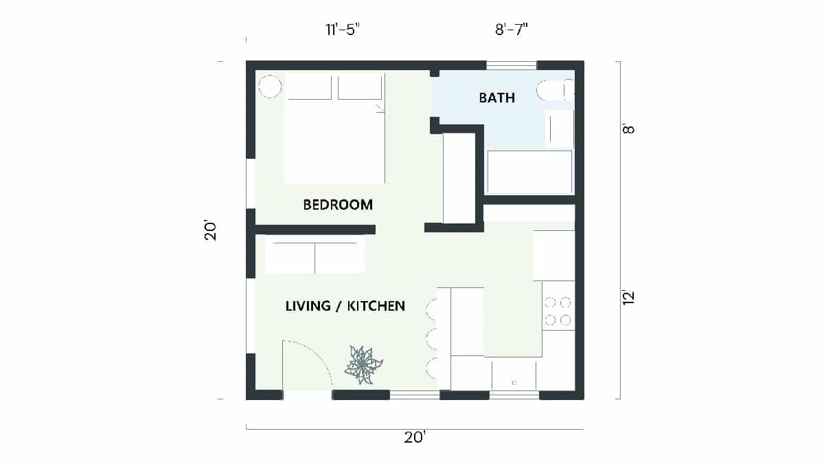 Top-down view of a 400 sq ft ADU floor plan with one bedroom, one bathroom, kitchen, and living area. Designed for efficient use of space.
