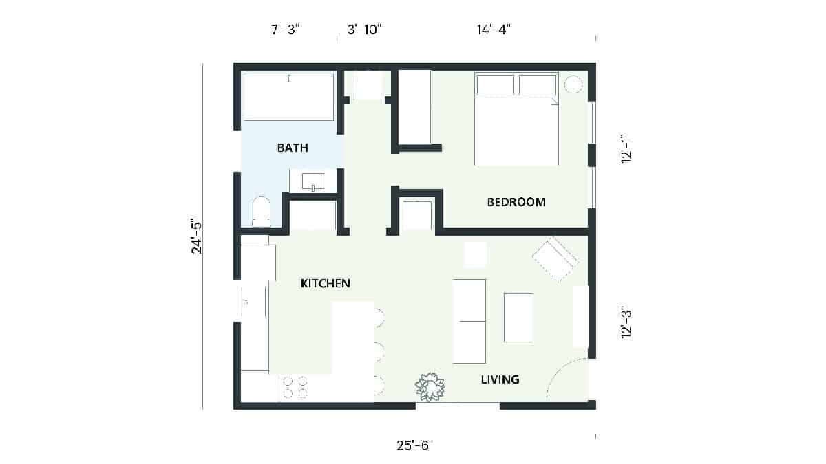 2D floor plan of a 623 sq ft ADU from our 600 sq ft ADU collection, showcasing a 1 bedroom, 1 bathroom layout with kitchen and living areas.