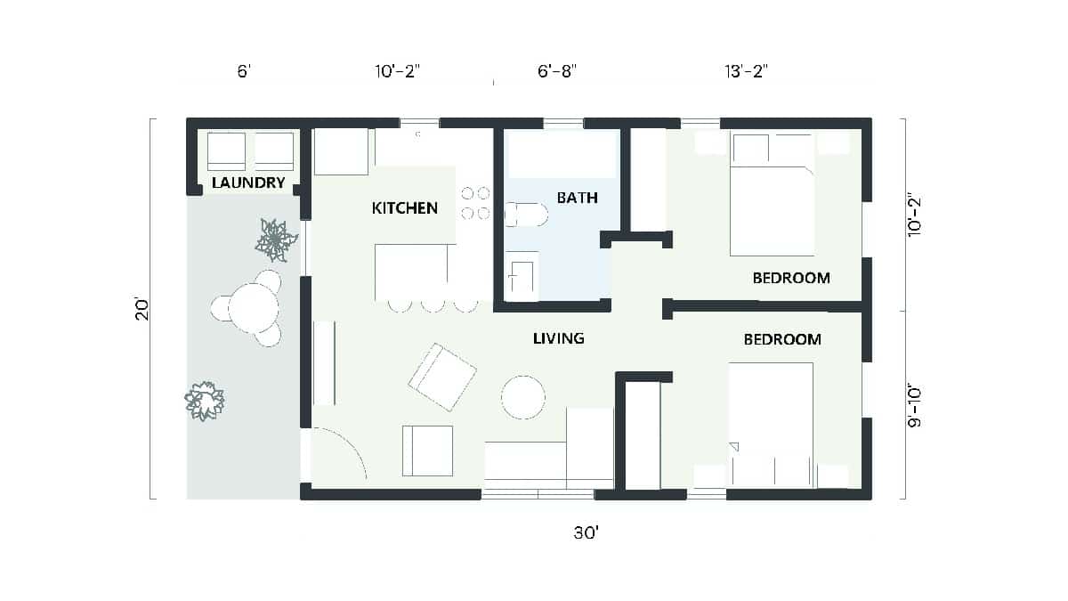 Detailed 2D layout of a 624 sq ft ADU featuring two bedrooms, one bathroom, a kitchen, living room, and a laundry area, part of our ADU floor plans 600 sq ft collection.