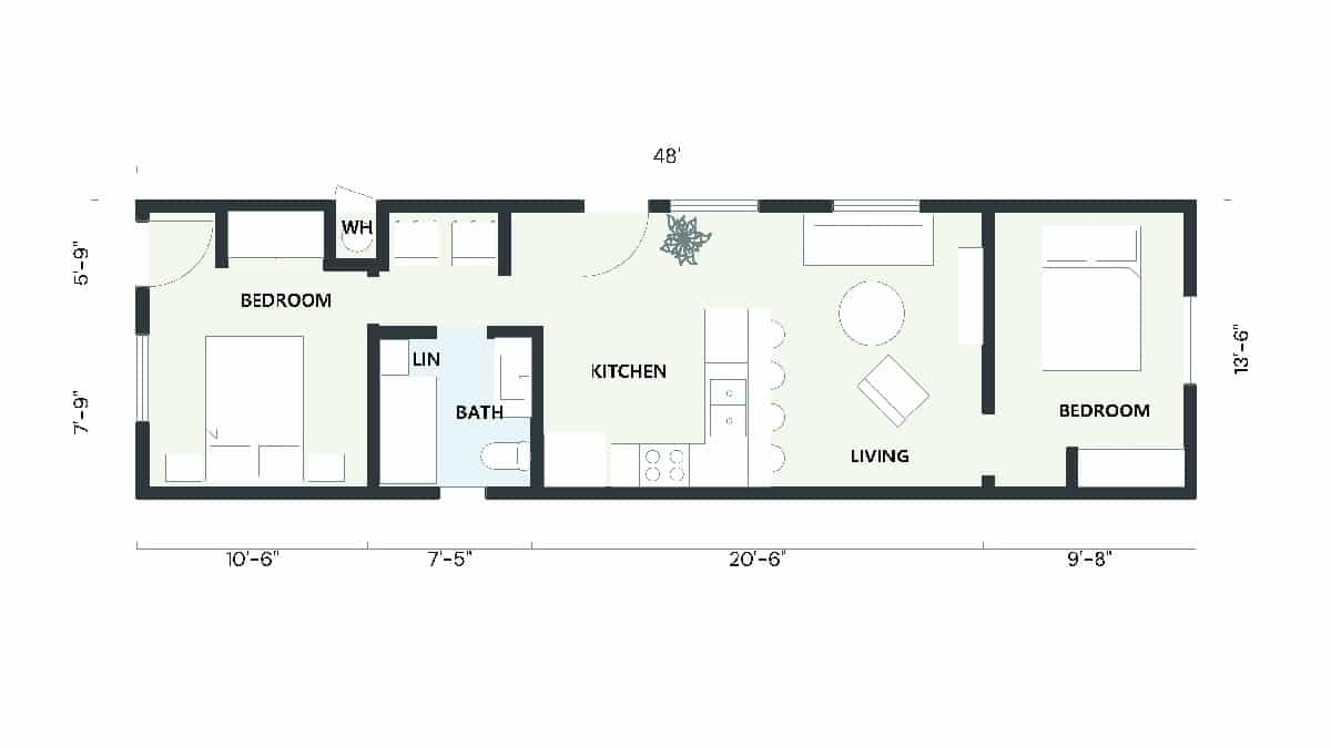 Walnut ADU 2D floor plan showcasing a compact layout with 2 bedrooms and 1 bathroom over 648 sq ft.