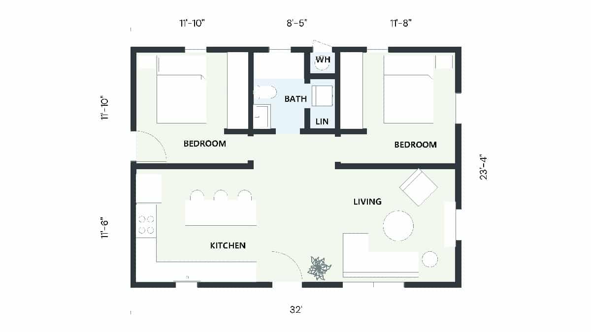 2D floor plan of a 750 sq ft ADU with two bedrooms, one bathroom, a kitchen, and a living room. Ideal for small families or guests.