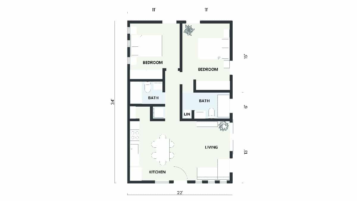 748 sq ft floor plan ADU with 2 bedrooms and 2 bathrooms, designed for optimal living space.