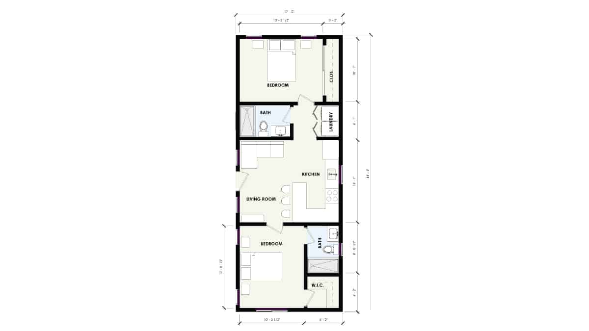 2D floor plan showcasing a 750 sq ft ADU with 2 bedrooms and 2 bathrooms. Designed for comfortable living, it includes a spacious kitchen and living area.