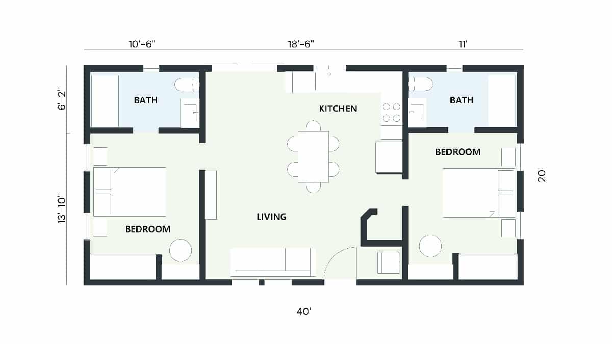 Detailed 2D floor plan of an 800 sq ft ADU including 2 bedrooms, 2 bathrooms, a kitchen, and a living room.