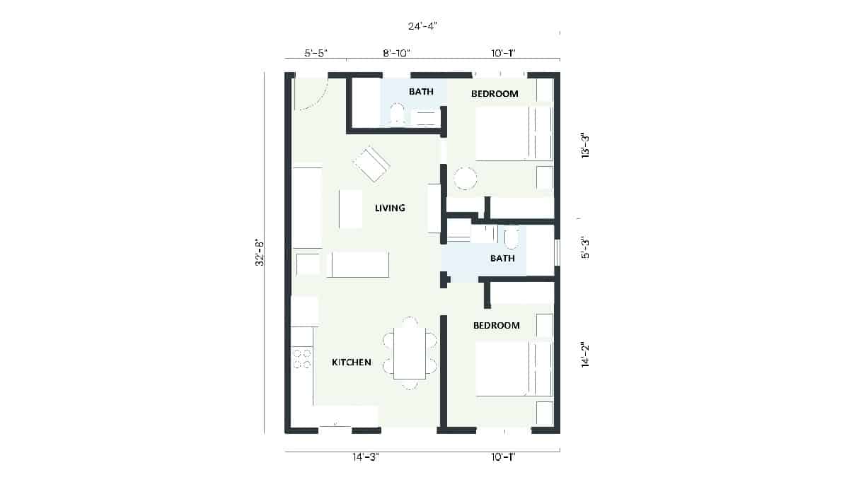 Comprehensive 2D floor plan for a 2 bedroom ADU with two baths, showcasing a well-organized kitchen and living area within 792 sq ft.