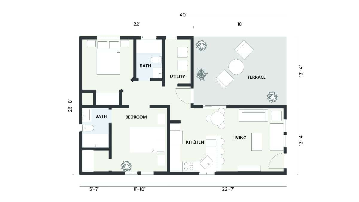 Detailed 2D floor plan of a 2 bedroom ADU showcasing two bathrooms, a kitchen, a living room, and a terrace. This 824 sq ft design highlights a functional layout with distinct living and sleeping areas.
