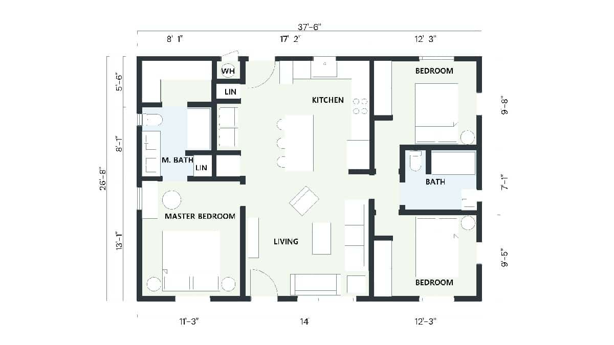 2D layout of a 1000 sq ft ADU, including three bedrooms and two bathrooms, ideal for maximizing space and comfort.