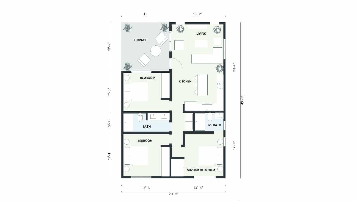 Comprehensive 2D floor plan of a 1020 sq ft ADU, featuring 3 bedrooms, 2 baths, a kitchen, living room, and terrace.