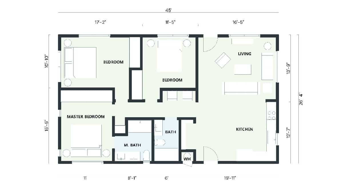 3 bedroom ADU floor plan with 1188 sq ft, featuring three bedrooms, two bathrooms, a kitchen, and a living room, emphasizing a functional and open layout.