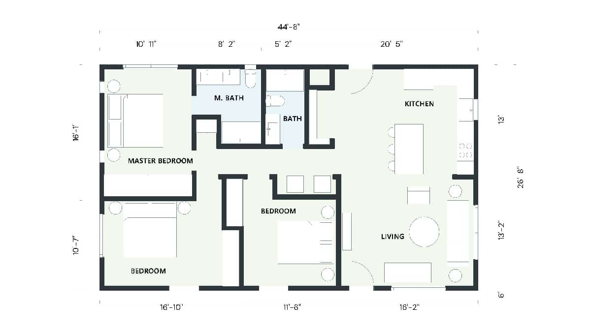 A 3 bedroom adu floor plan showing a residence layout