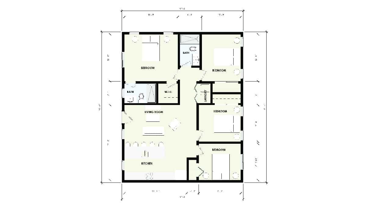 Detailed 2D floor plan of a nearly 1,200 sq ft ADU, showcasing three bedrooms, two bathrooms, a kitchen, and a living room. The design emphasizes a functional and open layout, ideal for comfortable and convenient living.