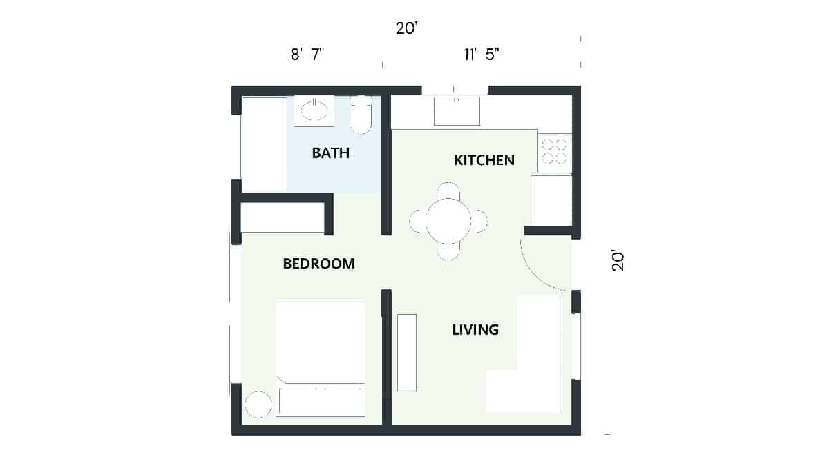 Detailed Elm studio ADU floor plan with 400 sq ft, featuring a combined bedroom and living area, kitchen, and bathroom.