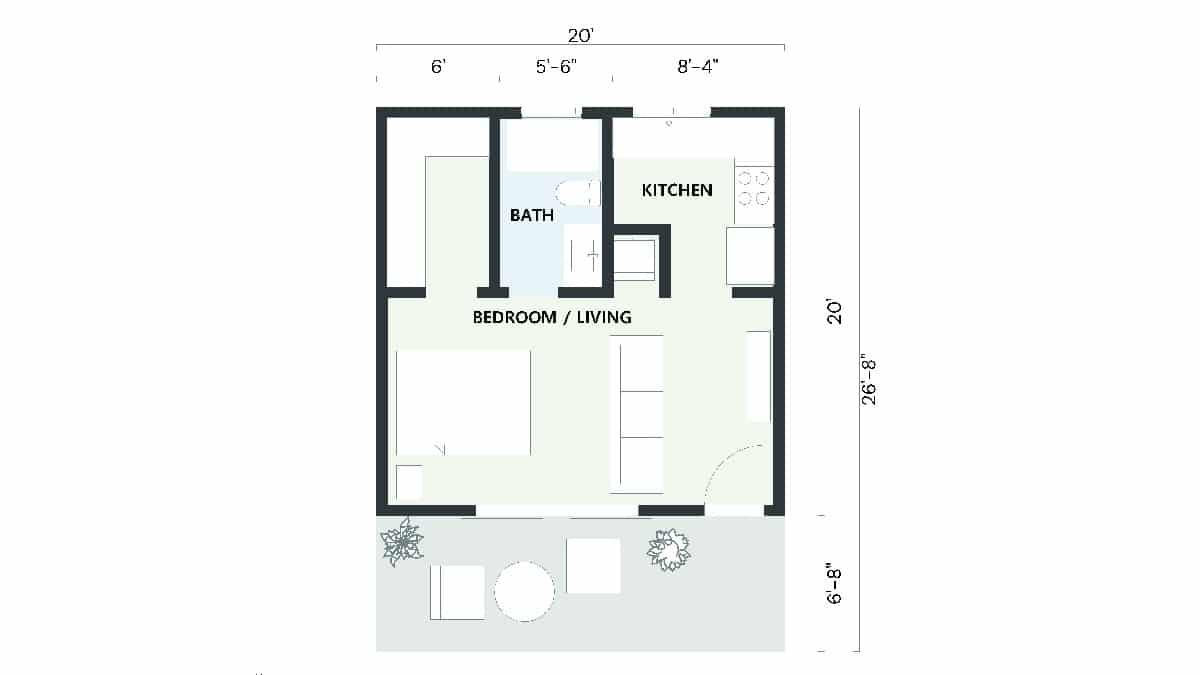 Detailed 2D floor plan of a 400 sq ft studio ADU featuring a bedroom/living area, kitchen, and bathroom. This compact design maximizes functionality and comfort.