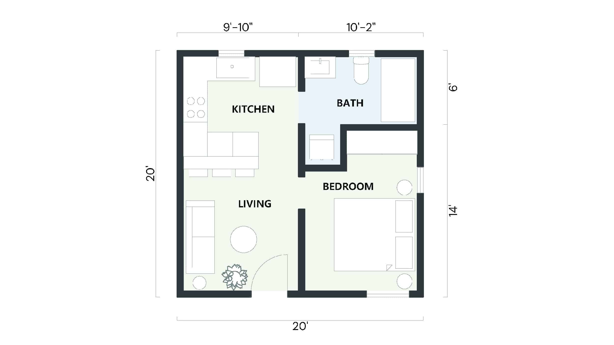 2D layout of a 400 sq ft ADU with one bedroom and one bath, optimized for stylish and simple living.