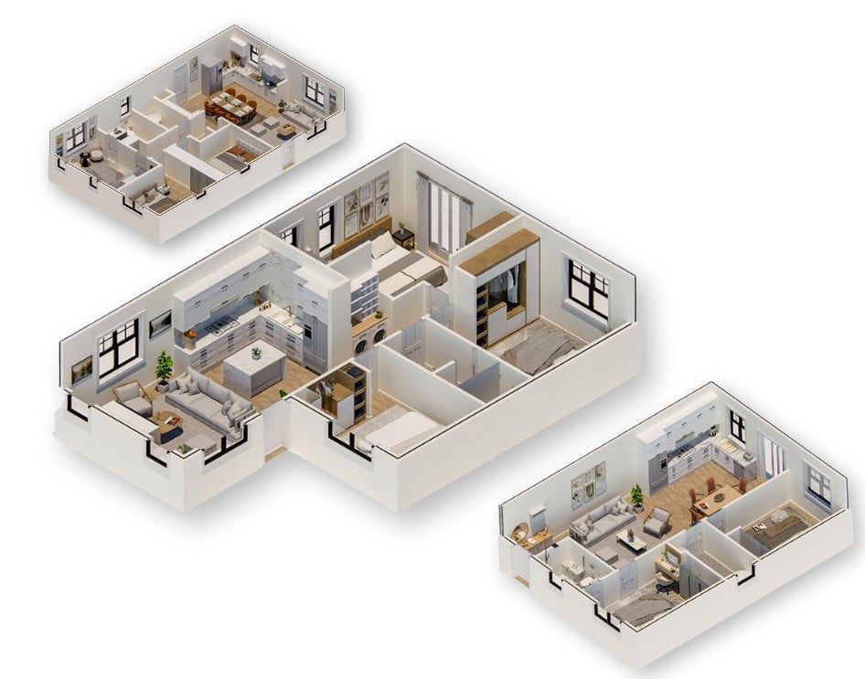 3D renderings of an ADU design build project showcasing modern layouts